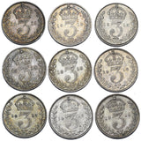 1911 - 1919 Better Grade Threepences Lot (9 Coins) - George V British Silver