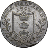1791 Hull William III/Shield 18th Century Halfpenny Token - Yorkshire D&H 17