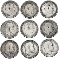 1902 - 1910 Threepences Lot (9 Coins) - Edward VII British Silver Coins