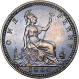 1860 Penny (Beaded Border, F6, 1+B) - Victoria British Bronze Coin - Nice