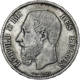 1868 Belgium 5 Francs - Leopold II Silver Coin