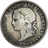 1874 Colombia Medellin 2 Decimo - Silver Coin