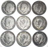 1911 - 1919 Halfcrowns Lot (9 Coins) - George V British Silver Coins - Date Run