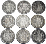 1911 - 1919 Halfcrowns Lot (9 Coins) - George V British Silver Coins - Date Run