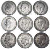 1911 - 1919 Halfcrowns Lot (9 Coins) - George V British Silver Coins - Date Run