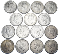 1937 - 1951 Halfcrowns Lot (15 Coins, Better Grades) - British Silver Date Run