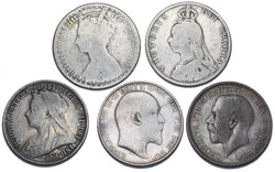 1872 - 1914 Florins Lot (5 Coins) - British Silver Coins - All Different