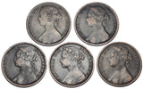 1873 - 1876 Pennies Lot (5 Coins) - British Bronze Coins - All Different