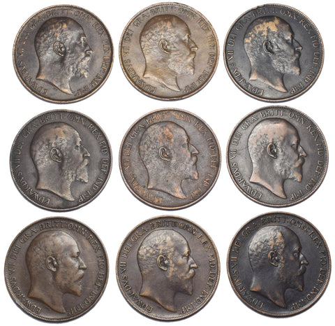 1902 - 1910 Pennies Lot (9 Coins) - British Bronze Coins - Better Grade Date Run