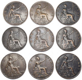 1902 - 1910 Pennies Lot (9 Coins) - British Bronze Coins - Better Grade Date Run