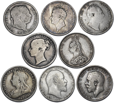 1820 - 1914 Shillings Lot (8 Coins) - British Silver Coins - All Different Types