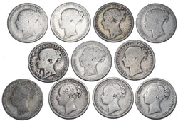 1871 - 1885 Shillings Lot (11 Coins) - British Silver Coins - All Different