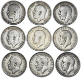 1911 - 1919 Shillings Lot (9 Coins) - George V British Silver Coins - Date Run