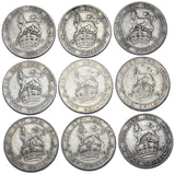 1911 - 1919 Shillings Lot (9 Coins) - George V British Silver Coins - Date Run