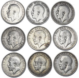 1911 - 1919 Shillings Lot (9 Coins) - George V British Silver Coins - Date Run