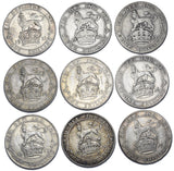 1911 - 1919 Shillings Lot (9 Coins) - George V British Silver Coins - Date Run