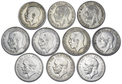 1920 - 1929 Shillings Lot (10 Coins) - George V British Silver Coins - Date Run