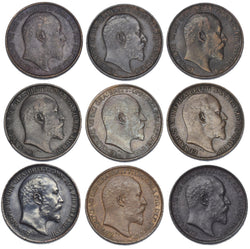 1902 - 1910 Farthings Lot (9 Coins) - Edward VII British Bronze Coins - Date Run