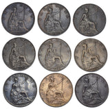 1902 - 1910 Farthings Lot (9 Coins) - Edward VII British Bronze Coins - Date Run