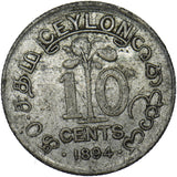 1894 Ceylon 10 Cents - Victoria Silver Coin - Nice