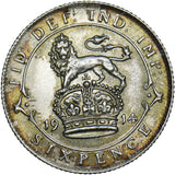 1914 Sixpence - George V British Silver Coin - Very Nice