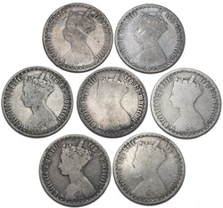 1852 - 1865 Gothic Florins Lot (7 Coins) - Victoria British Silver Coins