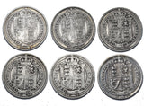 1887 - 1892 Shillings Lot (6 Coins) - Victoria British Silver Coins - Date Run
