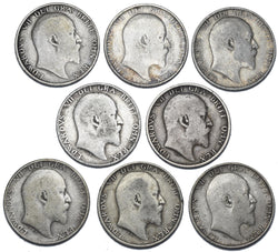 1902 - 1910 Shillings Lot (8 Coins) - Edward VII British Silver Coins
