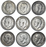 1911 - 1919 Shillings Lot (9 Coins) - George V British Silver Coins - Date Run