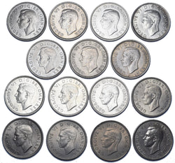 1937-1951 High Grade British George VI Silver English Shillings Lot - 15 Coins