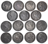 1860 - 1880 Farthings Lot (15 Coins) - British Bronze Coins - All Different