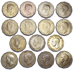 1937 - 1952 Brass Threepences Lot (15 Coins) - George VI British Coins