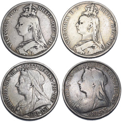 1889 - 1897 Crowns Lot (4 Coins) - Victoria British Silver Coins - All Different