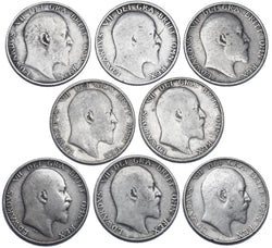 1902 - 1910 Shillings Lot (8 Coins) - Edward VII British Silver Coins