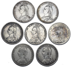 1887 - 1892 Sixpences Lot (7 Coins) - Victoria British Silver Coins - Date Run