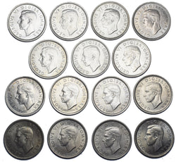 1937 - 1951 High Grade British Silver Sixpences Lot (15 Coins) - Date Run