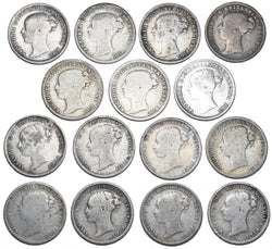 1873 - 1887 Threepences Lot (15 Coins) - Victoria British Silver Coins -Date Run