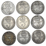 1902 - 1910 Threepences Lot (9 Coins) - Edward VII British Silver - Date Run