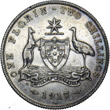 1917 Australia Florin (2 Shillings) - George V Silver Coin - Very Nice