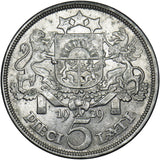 1929 Latvia 5 Lati - Silver Coin - Very Nice