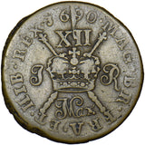 1690 Ireland Gunmoney Shilling (March, Mar.) - James II Copper/Brass Coin - Nice