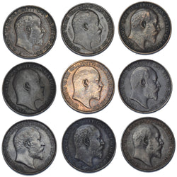 1902 - 1910 Farthings Date Run (9 Coins) - Edward VII British Bronze Coins Lot