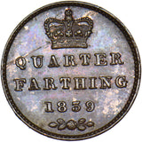 1839 Quarter Farthing - Victoria British Copper Coin - Very Nice