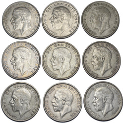 1928 - 1936 Halfcrowns Lot (9 Coins) - George V British Silver Coins - Date Run