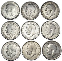 1911 - 1919 Florins Lot (9 Coins) - George V British Silver Coins - Date Run