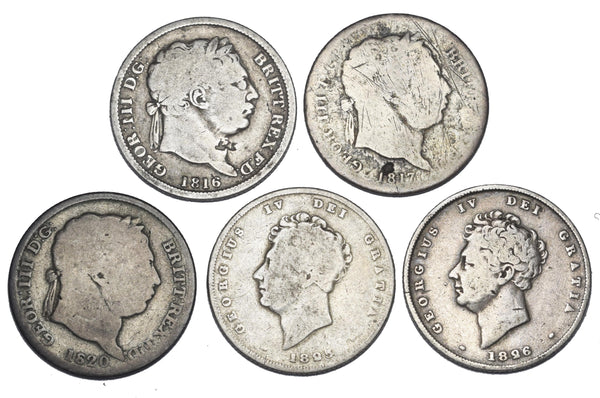 1816 - 1826 Shillings Lot (5 Coins) - British Silver Coins - All Different