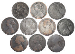 1860 - 1871 Pennies Lot (10 Coins) - Victoria British Bronze Coins