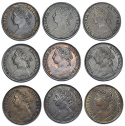 1882 - 1894 Better Grade Farthings Lot (9 Coins) - Victoria British Bronze