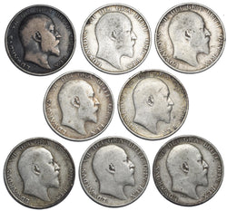 1902 - 1910 Shillings Lot (8 Coins) - Edward VII British Silver Coins