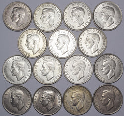 Lot of 15 High Grade George VI British Halfcrown Coins - Full Date Run 1937-51